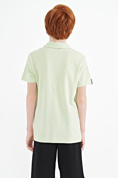 Light Green Minimal Embroidery Detailed Standard Fit Polo Collar Boys' T-Shirt - 11084