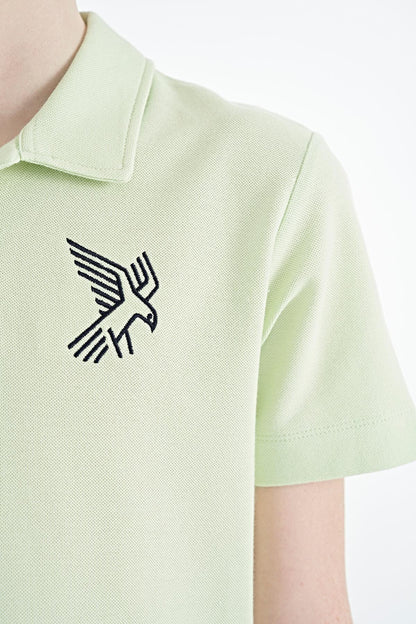 Light Green Minimal Embroidery Detailed Standard Fit Polo Collar Boys' T-Shirt - 11084