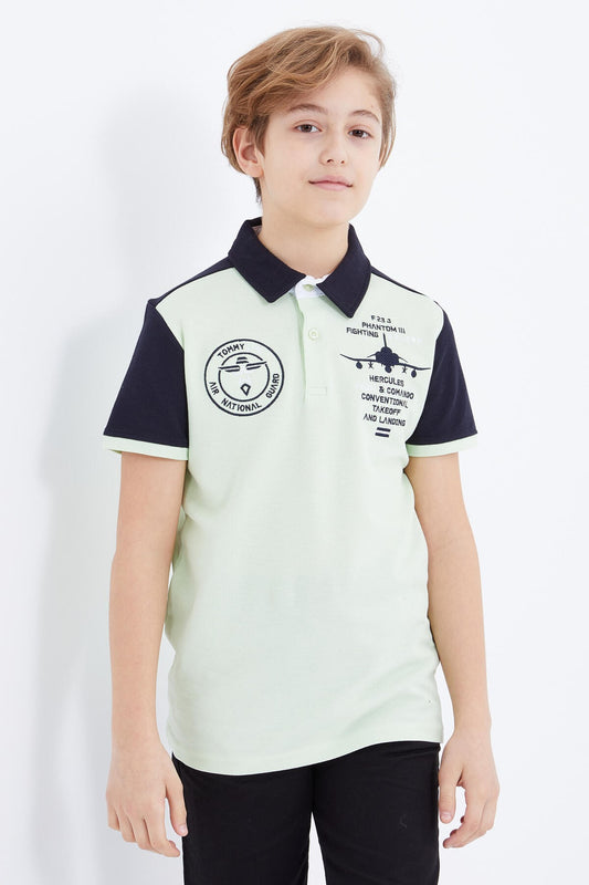 Light Green Embroidered Detailed Short Sleeve Polo Collar Boys' T-Shirt - 10906