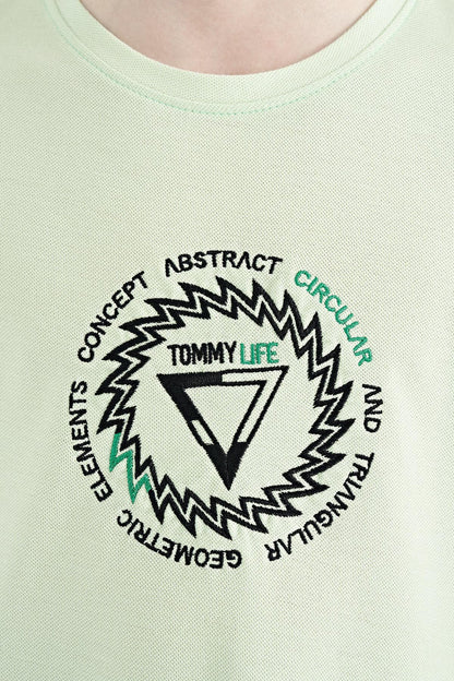 Light Green Embroidered Detailed O Collar Standard Fit Boys' T-Shirt - 11115