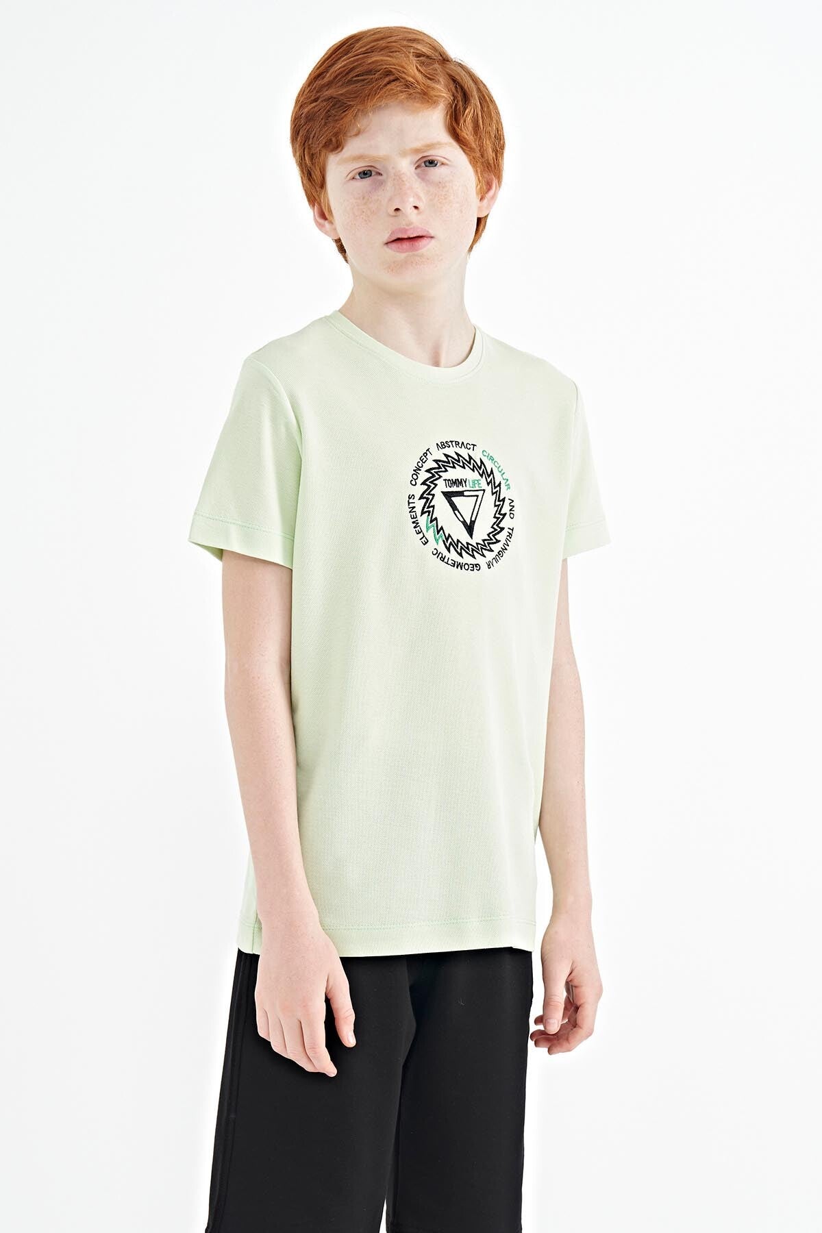 Light Green Embroidered Detailed O Collar Standard Fit Boys' T-Shirt - 11115