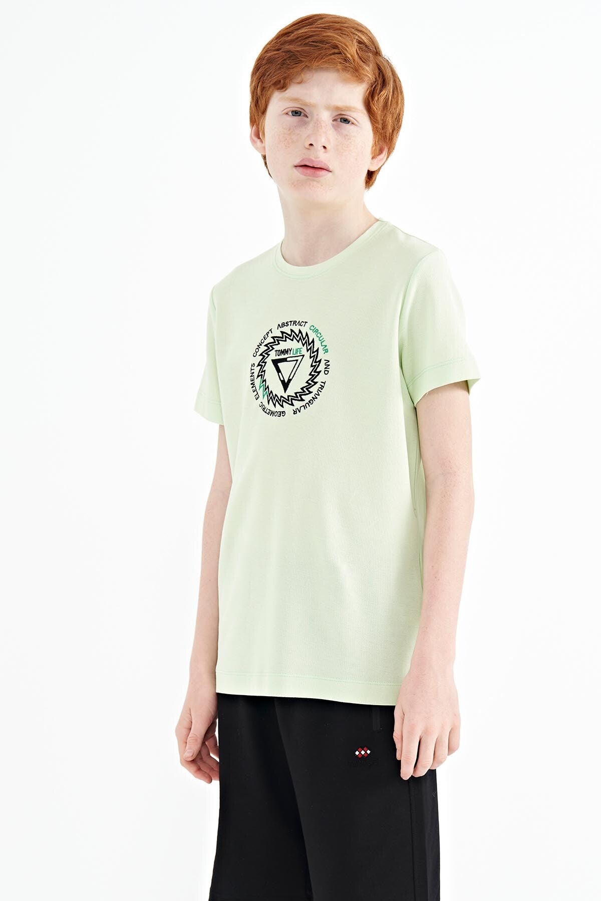 Light Green Embroidered Detailed O Collar Standard Fit Boys' T-Shirt - 11115