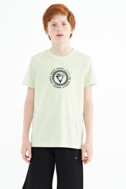 Light Green Embroidered Detailed O Collar Standard Fit Boys' T-Shirt - 11115