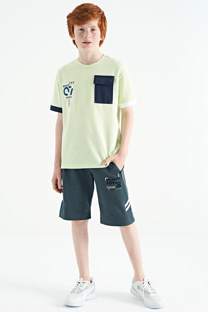 Light Green O Collar Oversize Pocket Detailed Boys' T-Shirt - 11152