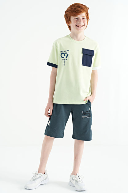 Light Green O Collar Oversize Pocket Detailed Boys' T-Shirt - 11152
