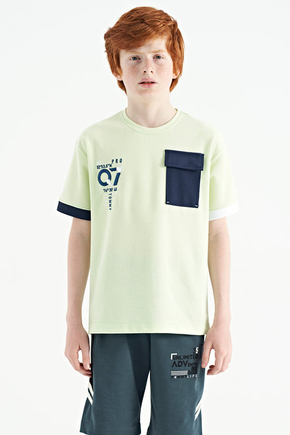 Light Green O Collar Oversize Pocket Detailed Boys' T-Shirt - 11152
