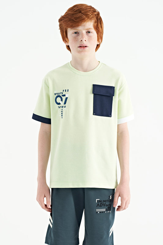 Light Green O Collar Oversize Pocket Detailed Boys' T-Shirt - 11152