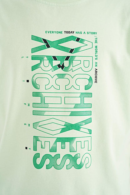 Light Green Preprint Detailed O Collar Standard Fit Boys' T-Shirt - 11099