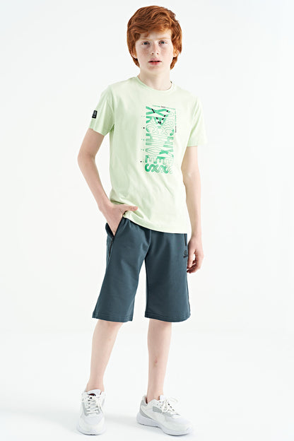 Light Green Preprint Detailed O Collar Standard Fit Boys' T-Shirt - 11099