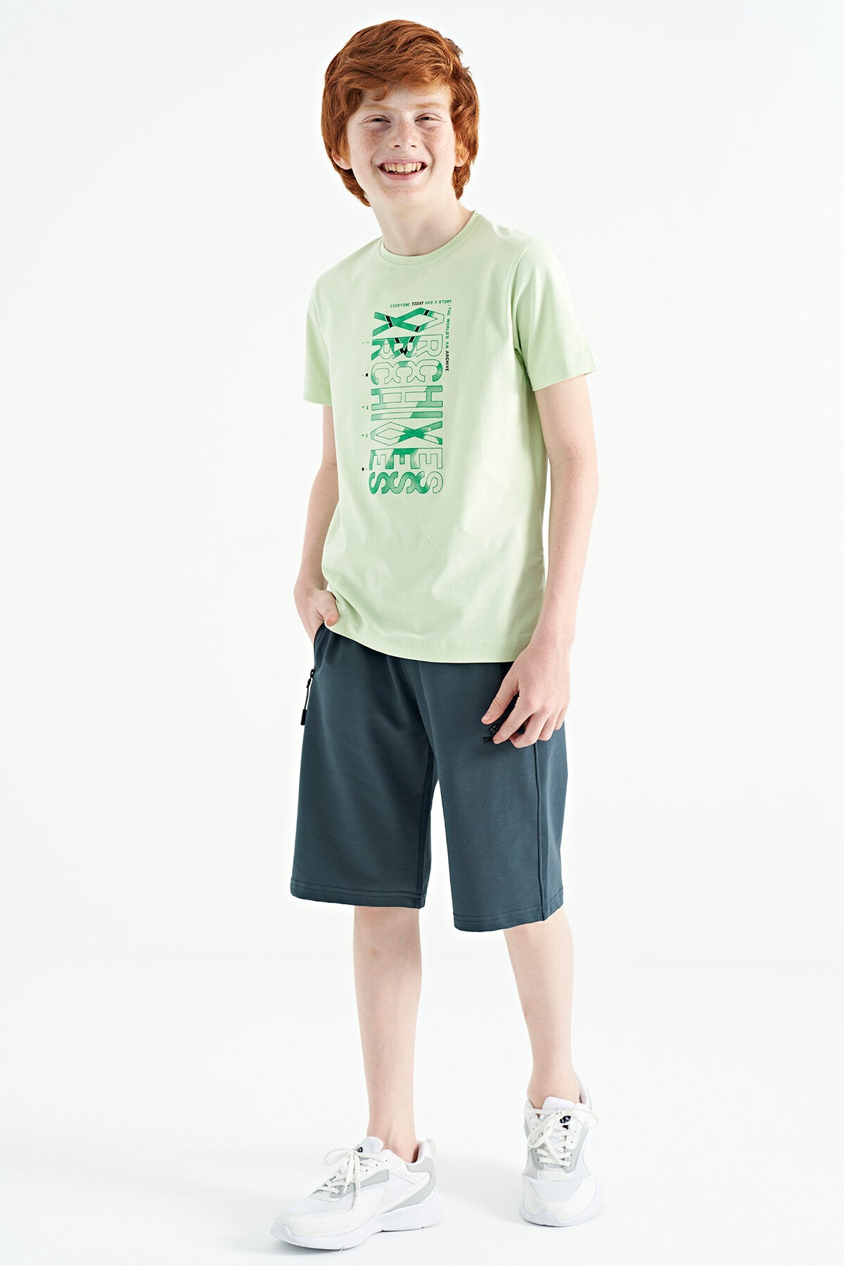 Light Green Preprint Detailed O Collar Standard Fit Boys' T-Shirt - 11099