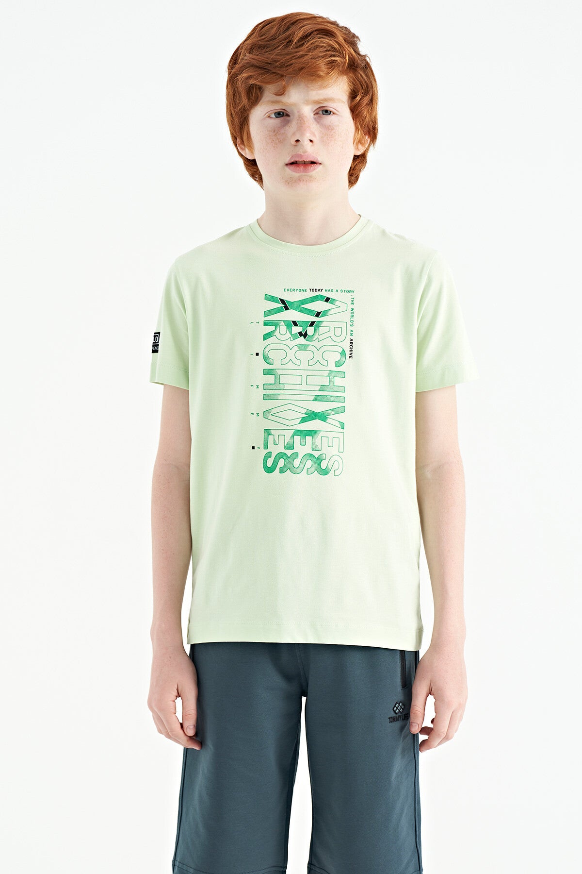 Light Green Preprint Detailed O Collar Standard Fit Boys' T-Shirt - 11099