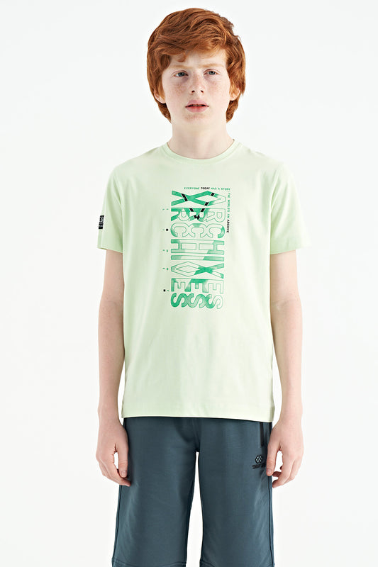 Light Green Preprint Detailed O Collar Standard Fit Boys' T-Shirt - 11099