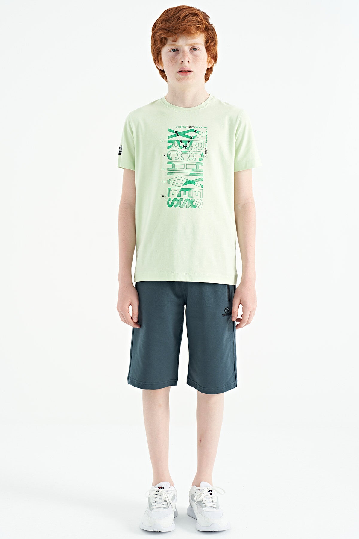Light Green Preprint Detailed O Collar Standard Fit Boys' T-Shirt - 11099