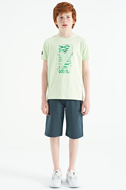 Light Green Preprint Detailed O Collar Standard Fit Boys' T-Shirt - 11099