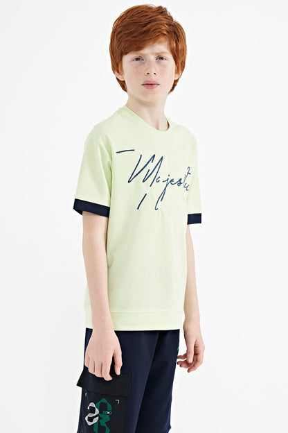 Light Green Front Text Embroidered O Collar Oversize Boys T-Shirt - 11147
