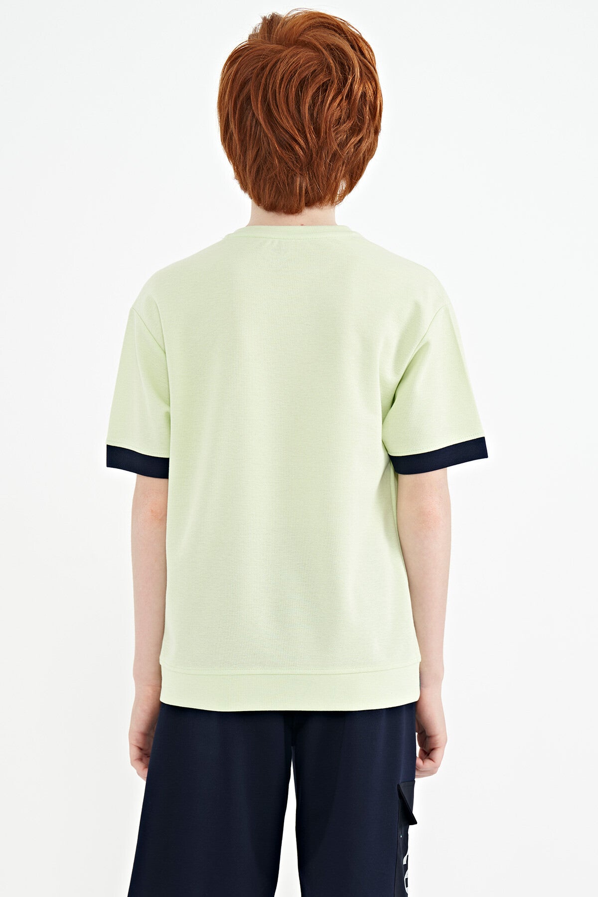 Light Green Front Text Embroidered O Collar Oversize Boys T-Shirt - 11147