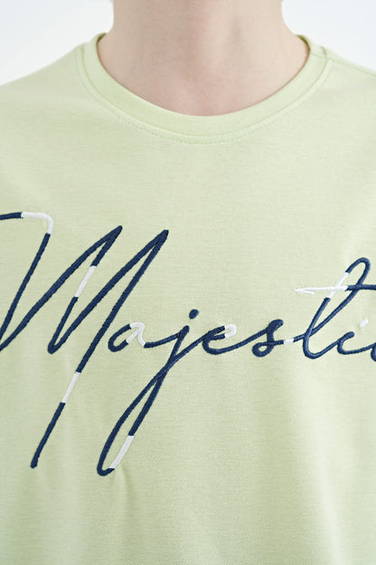 Light Green Front Text Embroidered O Collar Oversize Boys T-Shirt - 11147