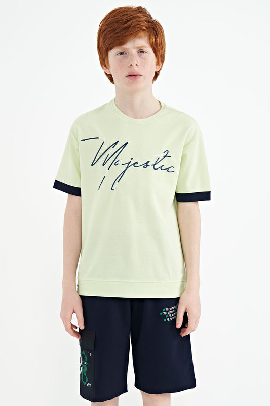 Light Green Front Text Embroidered O Collar Oversize Boys T-Shirt - 11147