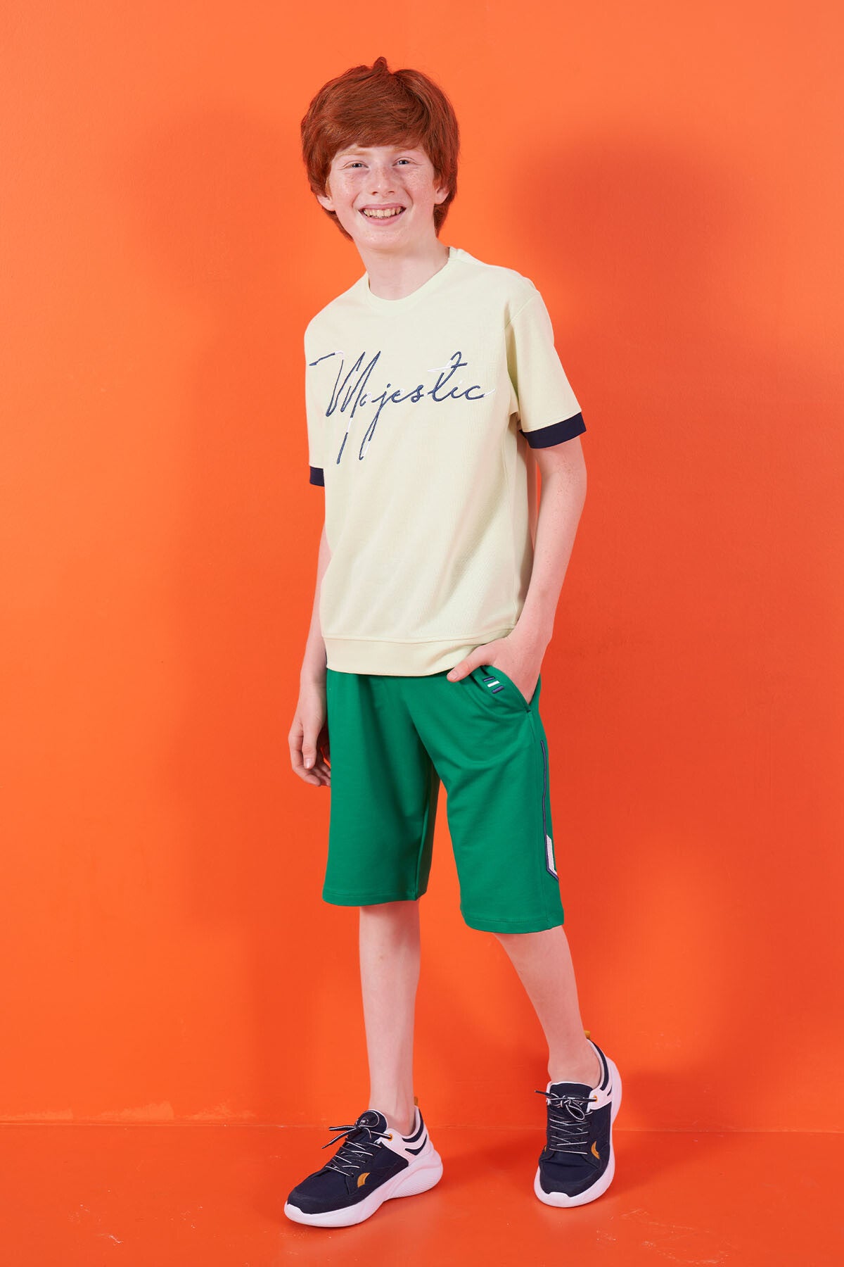 Light Green Front Text Embroidered O Collar Oversize Boys T-Shirt - 11147