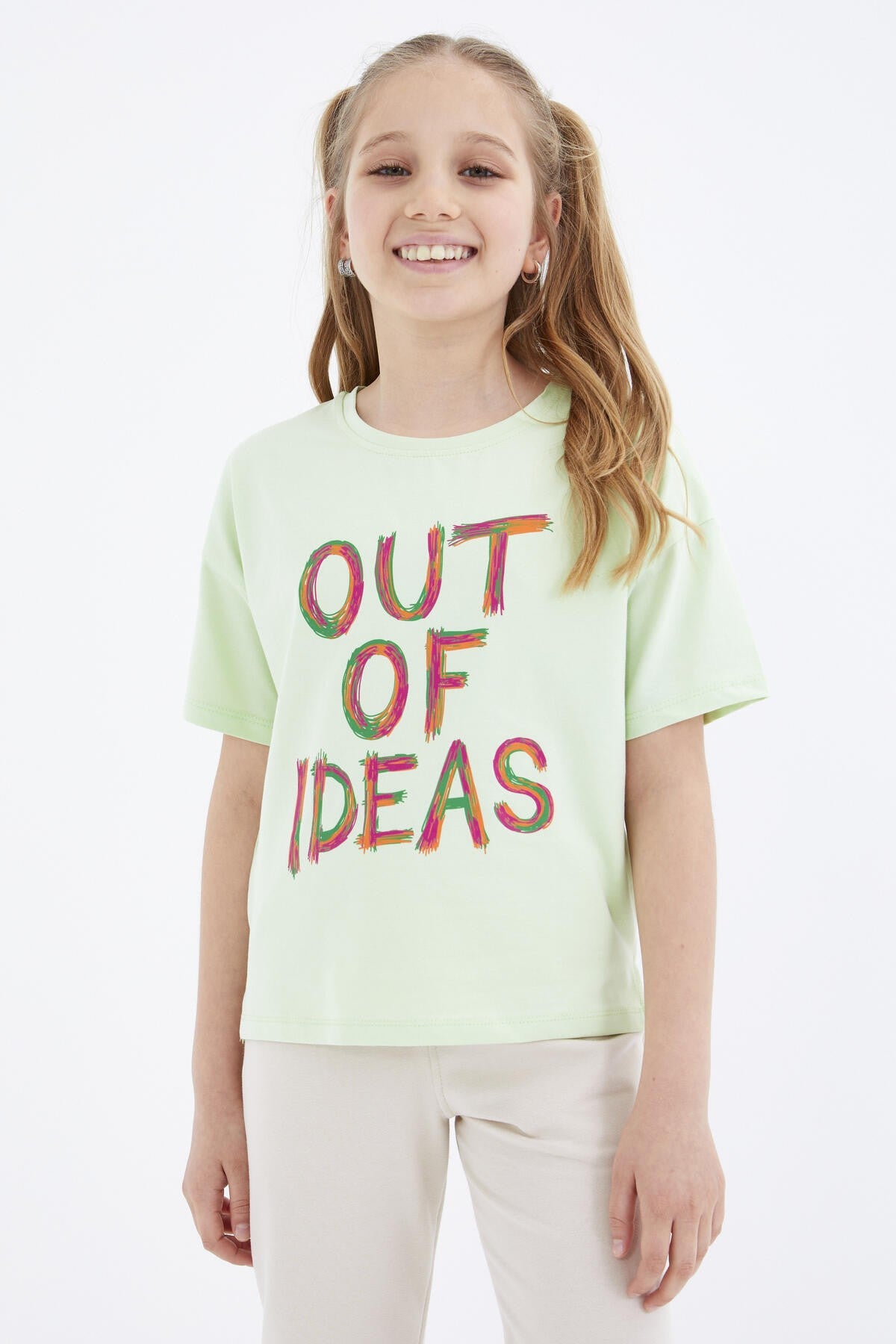 Light Green Oversize Printed O Collar Drop Shoulder Girl's T-Shirt - 75028
