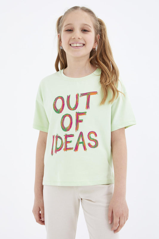 Light Green Oversize Printed O Collar Drop Shoulder Girl's T-Shirt - 75028
