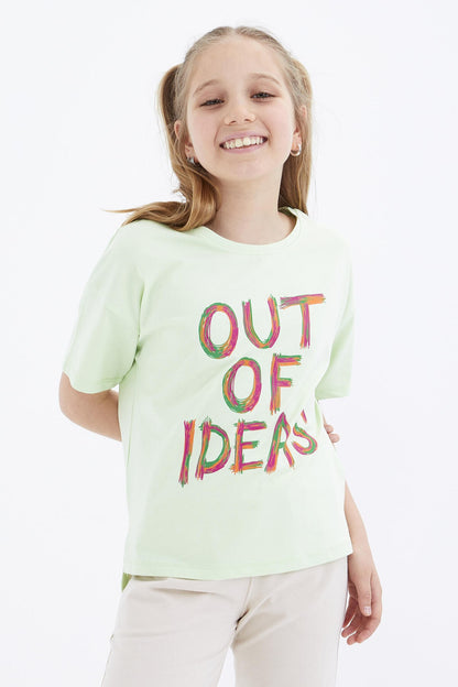 Light Green Oversize Printed O Collar Drop Shoulder Girl's T-Shirt - 75028