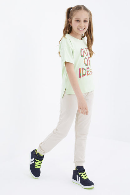 Light Green Oversize Printed O Collar Drop Shoulder Girl's T-Shirt - 75028
