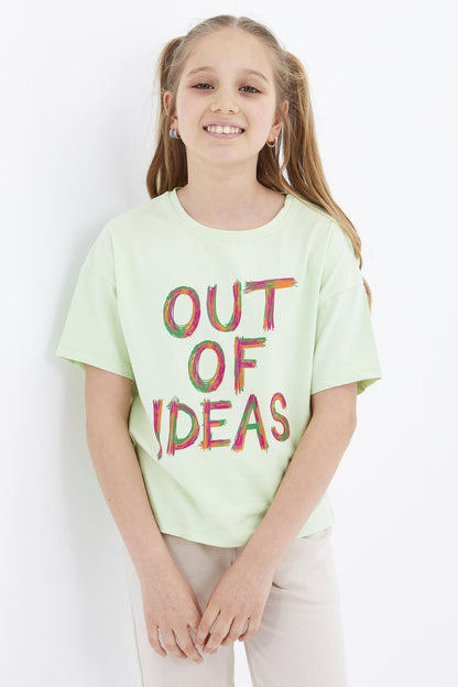 Light Green Oversize Printed O Collar Drop Shoulder Girl's T-Shirt - 75028