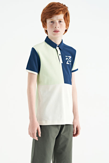 Light Green Color Block Embroidered Detailed Standard Fit Polo Collar Boys' T-Shirt - 11108