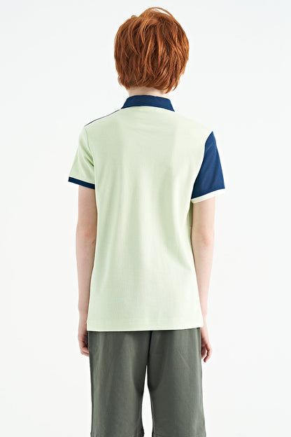 Light Green Color Block Embroidered Detailed Standard Fit Polo Collar Boys' T-Shirt - 11108