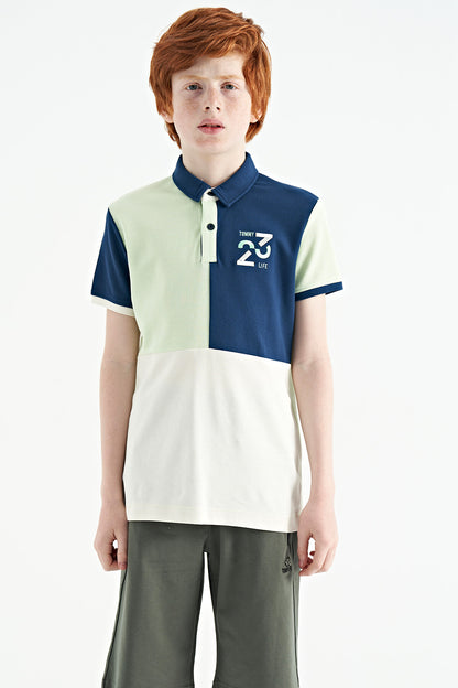 Light Green Color Block Embroidered Detailed Standard Fit Polo Collar Boys' T-Shirt - 11108