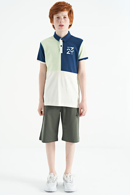 Light Green Color Block Embroidered Detailed Standard Fit Polo Collar Boys' T-Shirt - 11108