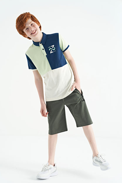 Light Green Color Block Embroidered Detailed Standard Fit Polo Collar Boys' T-Shirt - 11108