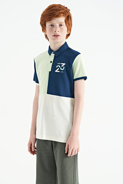 Light Green Color Block Embroidered Detailed Standard Fit Polo Collar Boys' T-Shirt - 11108