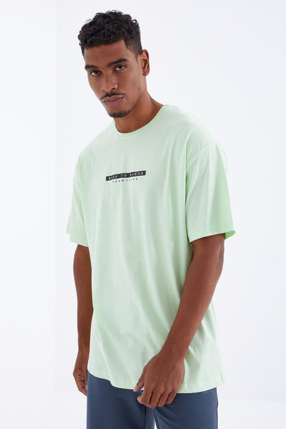 Light Green Back Print O Collar Men's Oversize T-Shirt - 88100