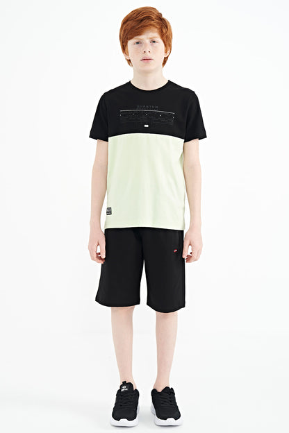 Light Green Printed Color Block Standard Fit O Collar Boys' T-Shirt - 11134