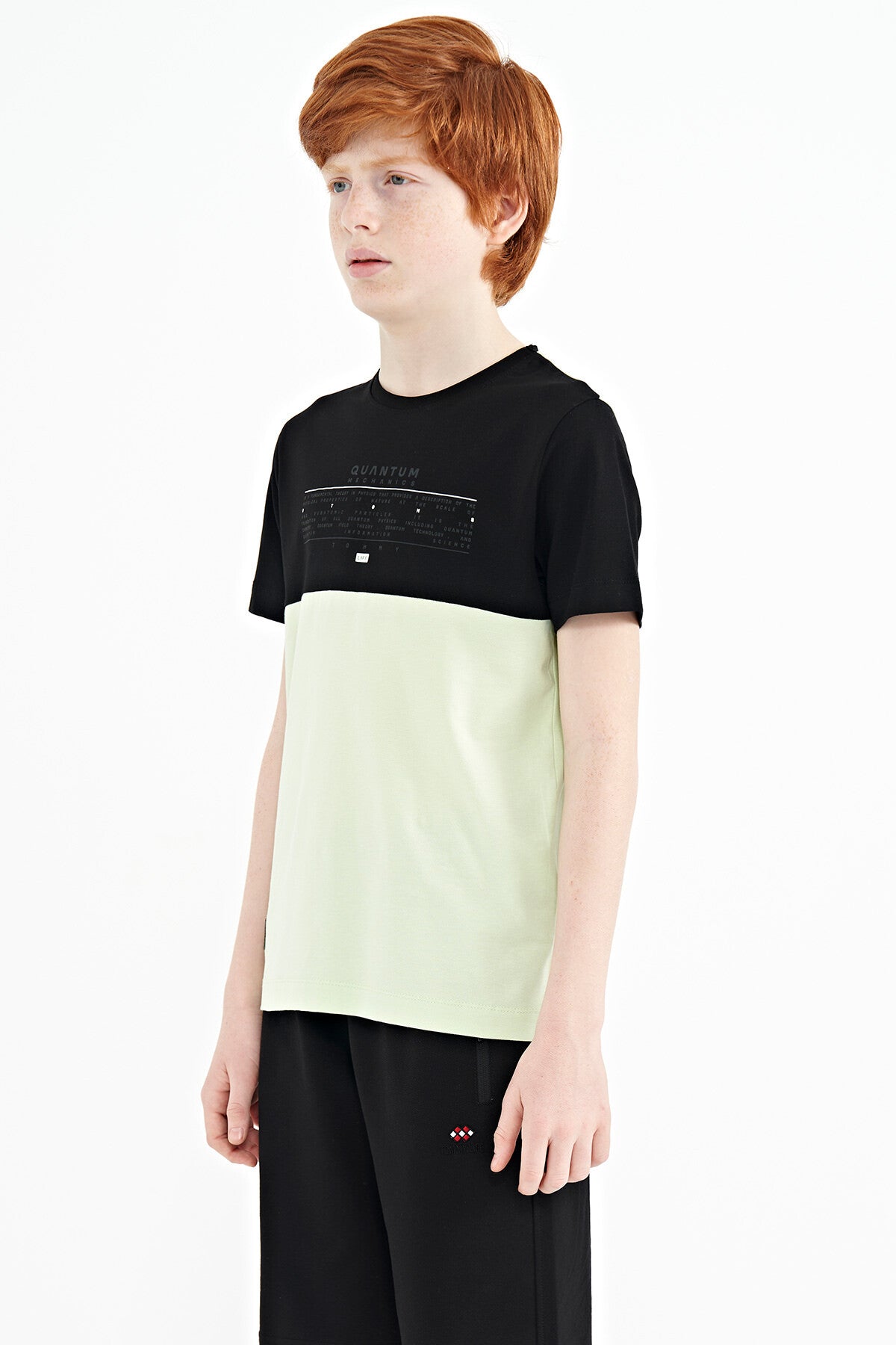 Light Green Printed Color Block Standard Fit O Collar Boys' T-Shirt - 11134