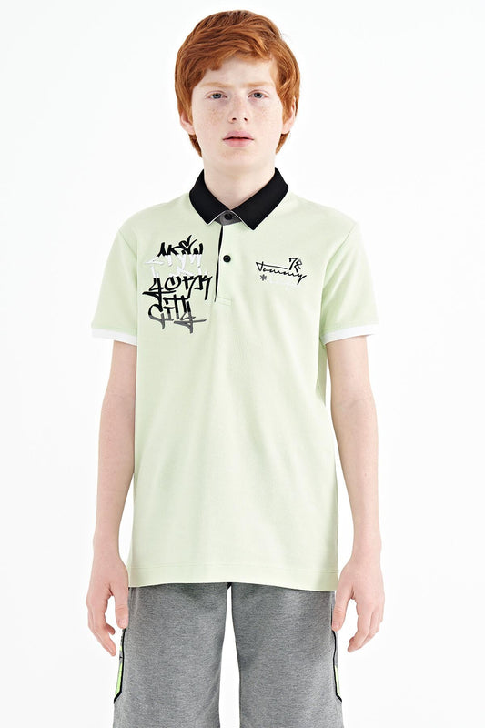 Light Green Embroidered Detailed Standard Pattern Polo Collar Boys T-Shirt - 11085