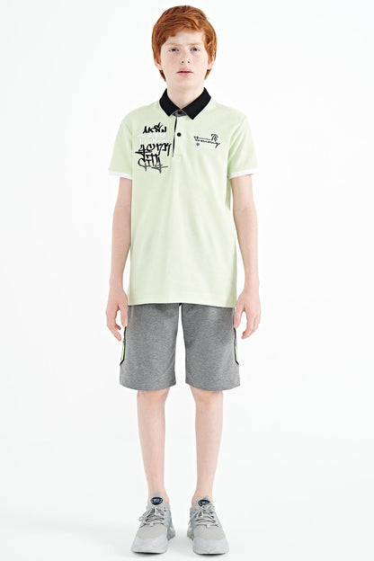 Light Green Embroidered Detailed Standard Pattern Polo Collar Boys T-Shirt - 11085