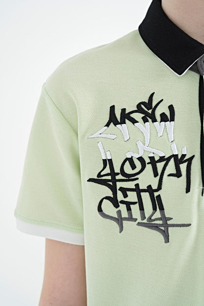 Light Green Embroidered Detailed Standard Pattern Polo Collar Boys T-Shirt - 11085