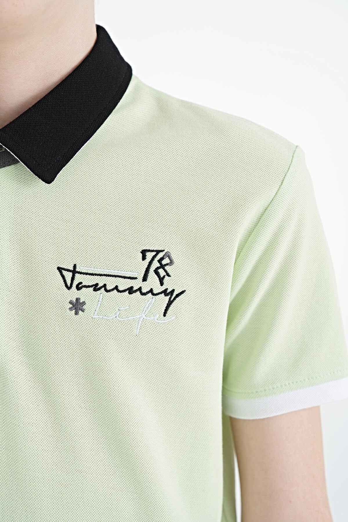 Light Green Embroidered Detailed Standard Pattern Polo Collar Boys T-Shirt - 11085
