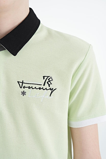 Light Green Embroidered Detailed Standard Pattern Polo Collar Boys T-Shirt - 11085