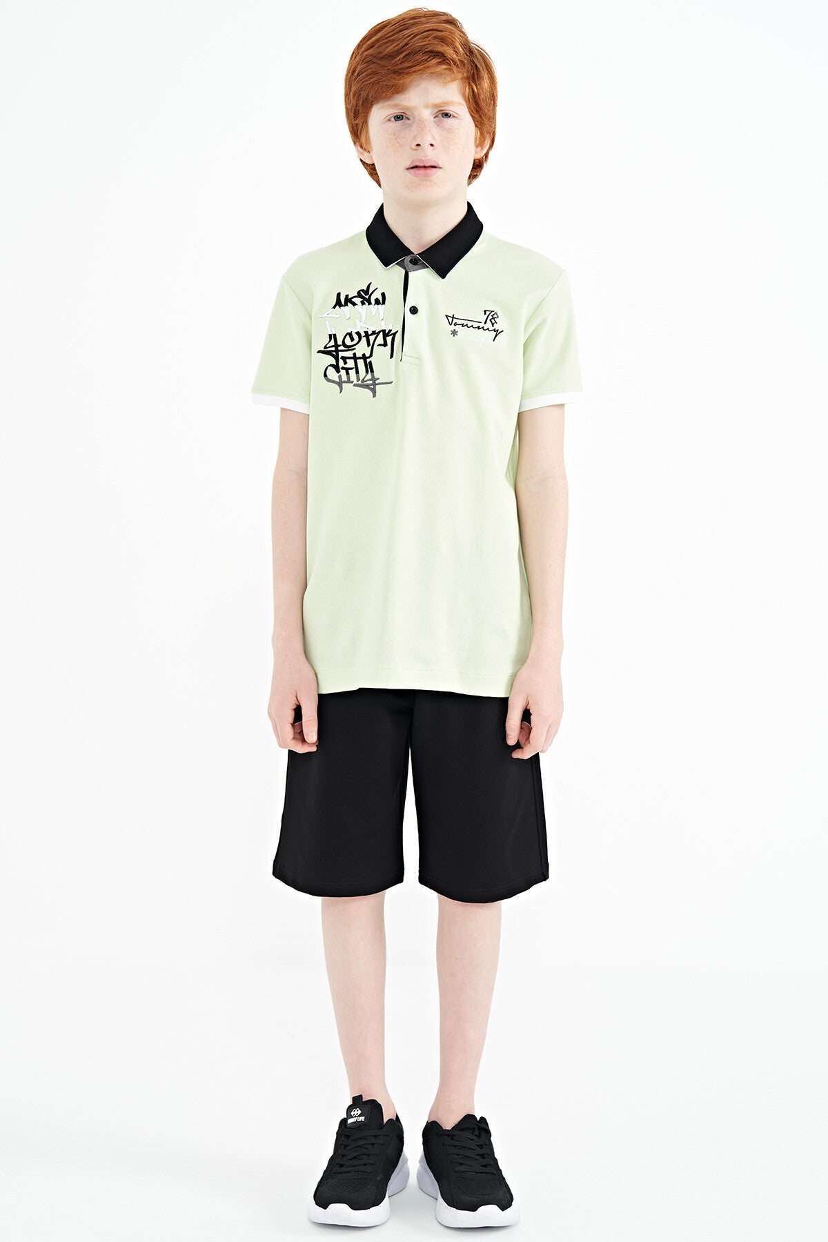 Light Green Embroidered Detailed Standard Pattern Polo Collar Boys T-Shirt - 11085