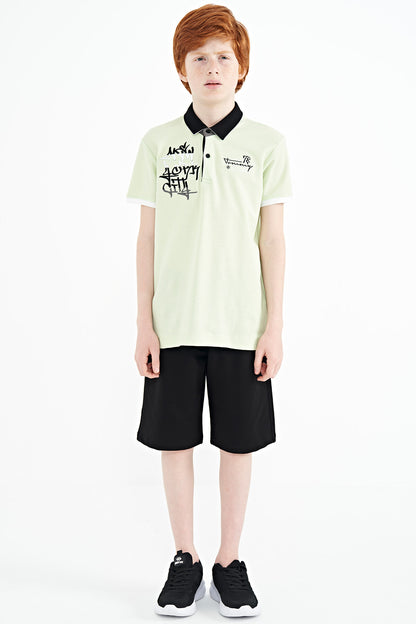 Light Green Embroidered Detailed Standard Pattern Polo Collar Boys T-Shirt - 11085