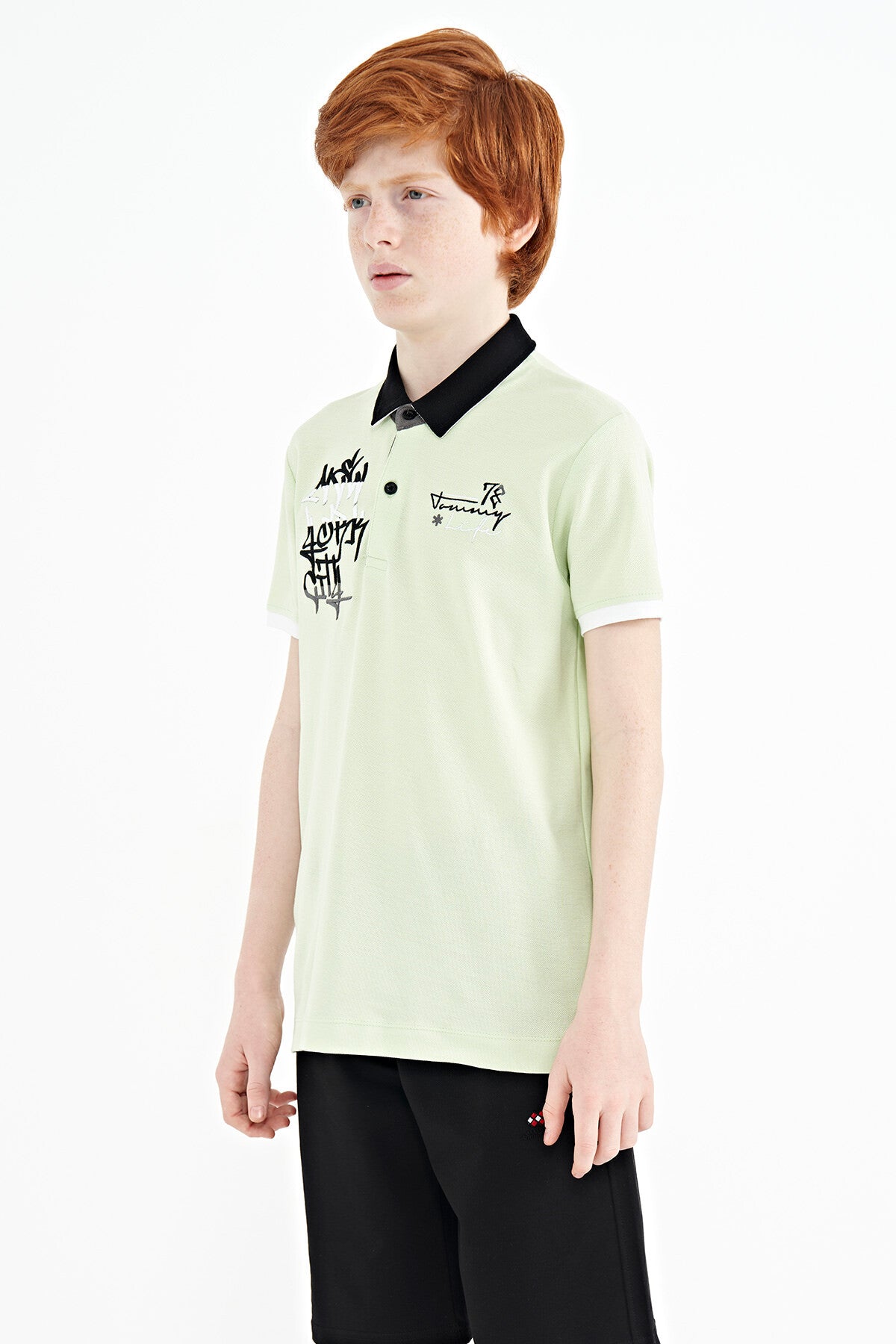 Light Green Embroidered Detailed Standard Pattern Polo Collar Boys T-Shirt - 11085