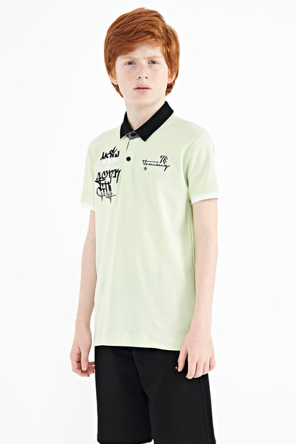 Light Green Embroidered Detailed Standard Pattern Polo Collar Boys T-Shirt - 11085