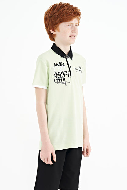 Light Green Embroidered Detailed Standard Pattern Polo Collar Boys T-Shirt - 11085