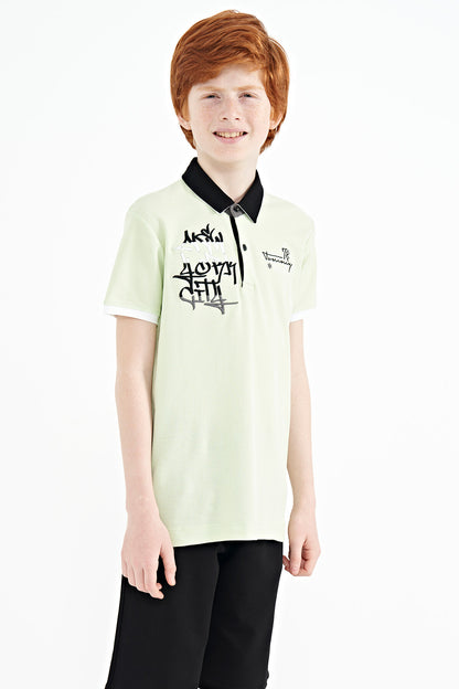 Light Green Embroidered Detailed Standard Pattern Polo Collar Boys T-Shirt - 11085