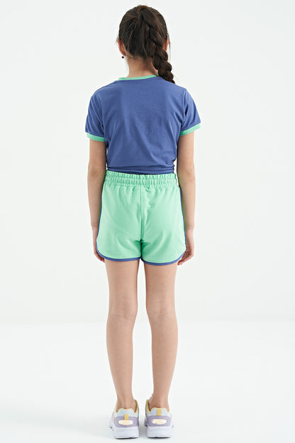 Light Purple - Aqua Green O Collar Printed Knot Detailed Relax Fit Girls' Shorts Set - 75132