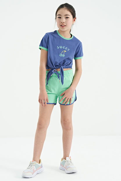 Light Purple - Aqua Green O Collar Printed Knot Detailed Relax Fit Girls' Shorts Set - 75132